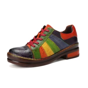 Women Casual Rainbow Print Lace-up Loafers Leather Comfort Stitching Flats Women Shoes