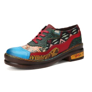 Women Lace Up Leather Loafers Colorful Patchwork Ethnic Casual Comfortable Flat Shoes