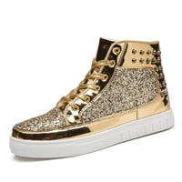 Gold Glitter High Low Shoes Men Women Platform Lace Up Flats Gold Glitter Sequins Sneakers