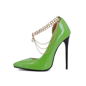 Women Sexy Stiletto High Heel Patent Handmade Pumps Ankle Chain Pearl Decor Pointed Toe Ladies New Fashion Party Shoes